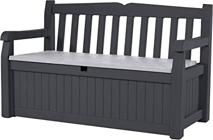 Photo 1 of Keter Eden 70 Gallon Storage Bench Deck Box for Patio Furniture, Front Porch Decor and Outdoor Seating – Perfect to Store Garden Tools and Pool Toys, Grey
