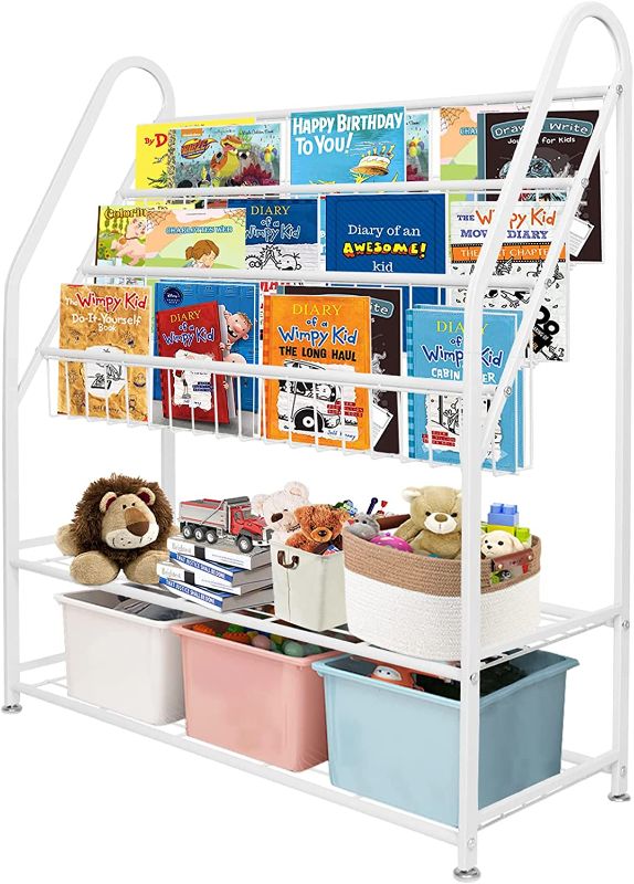 Photo 1 of aboxoo Metal Kids Bookshelf Freestanding Bookcase for Children Room 32 in Toy Organizer Large Modern MinimalistWhite Stable Metel Bookstore Bedroom, Living, Library Book Unit Storage
