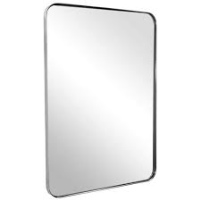 Photo 1 of ANDY STAR Wall Mirror Brushed Nickel for Bathroom | 24x36x1’’ Contemporary Rectangular Stainless Steel Silver Metal Frame Rounded Corner 1’’ Deep Set Design Hangs Horizontal Or Vertical
