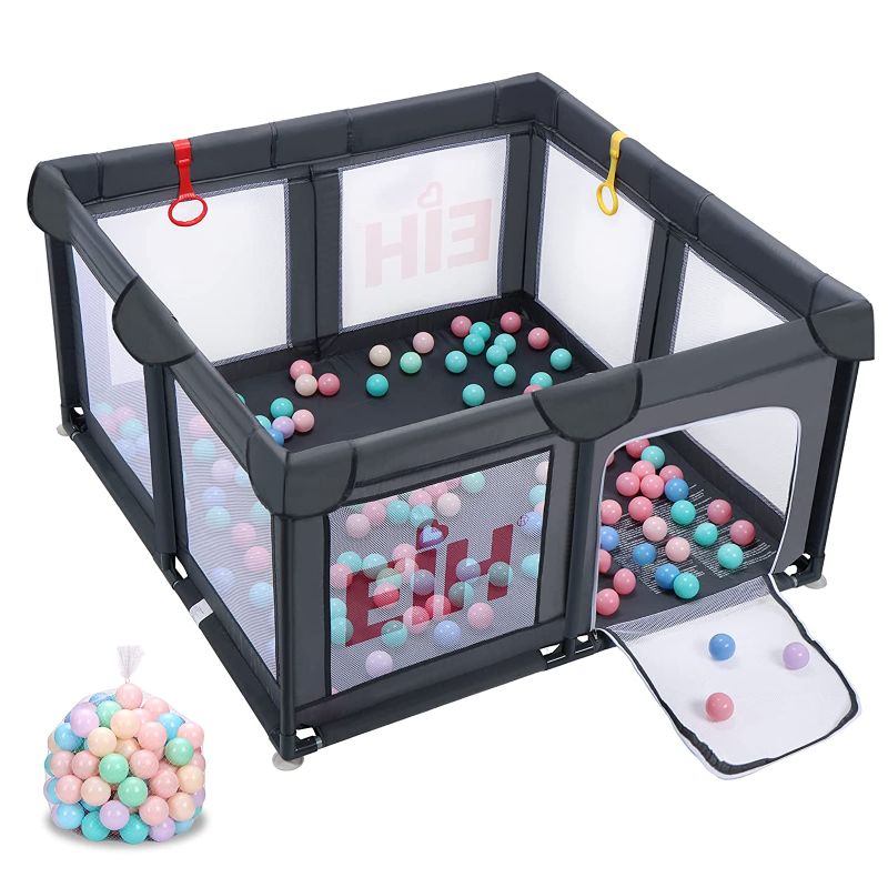 Photo 1 of EIH Baby Playpen, Playpen for Babies and Toddlers Indoor & Outdoor Kids Activity Center with 50 Ocean Balls Small Baby Playard Breathable Mesh Kids Safety Play Area, 47in x 47in (Dark Grey)
