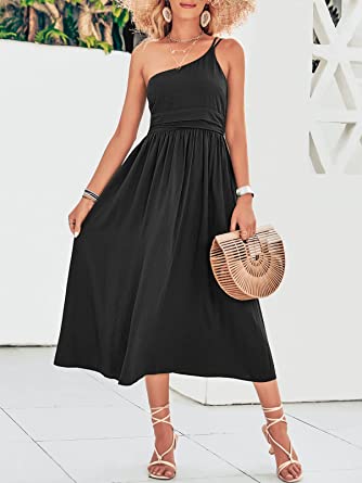 Photo 1 of ANRABESS Women's Summer Straps Sundress One Shoulder Sleeveless Pleated High Waist A-Line Flowy Midi Dresses with Pockets--- medium 
