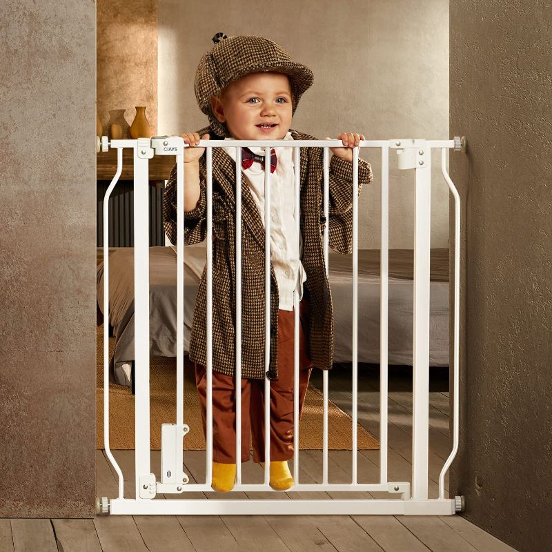 Photo 1 of Ciays Baby Gate 29.5” to 33.5”, 30-in Height Extra Wide Dog Gate for Stairs, Doorways and House, Auto-Close Safety Metal Pet Gate for Dogs with Alarm, Pressure Mounted, White
