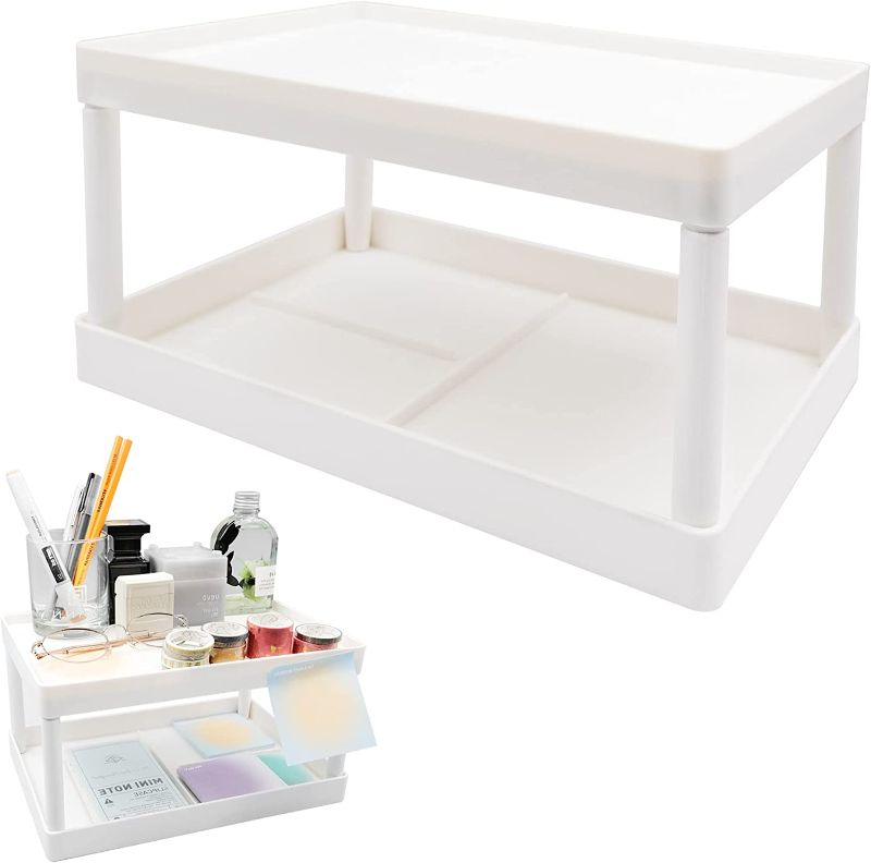 Photo 1 of souG Desktop Storage Rack Organizer, Double-Layer Cosmetic Stationery Storage Holder, Table Sundries Display Shelf for Kitchen Bathroom Office Dorm Cosmetic Storage Rack (White).