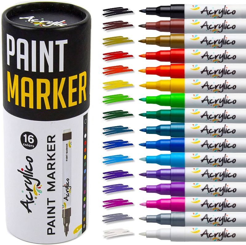 Photo 1 of Acrylico Acrylic Paint Pen Set of 16 - Extra Fine Tip Point Pens with 4 Metallic Markers - Rock, Glass, Wood & Fabric Painting Art Supplies, Adults & Kids Arts Craft Kit for Scrapbooking & Drawing
