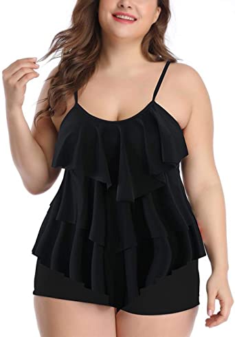 Photo 1 of B2prity Women Plus Size Tankini Swimsuits Tummy Control 2 Piece Bathing Suit Ruffled Flounce Swimwear with Shorts
Size 5XL