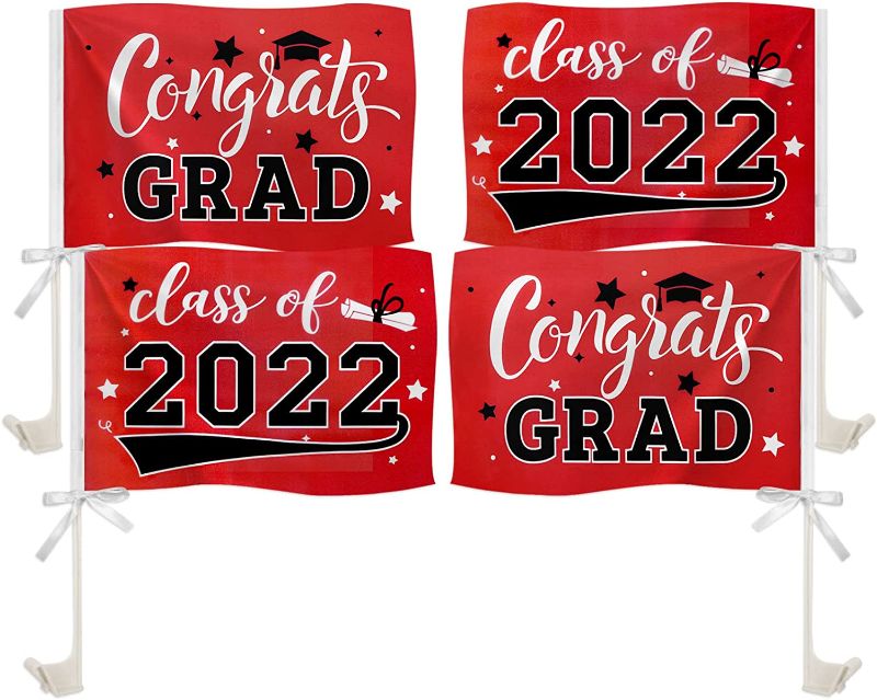 Photo 1 of 4pcs 2022 Graduation Car Flags Red with Flagpole, Congrats Grad Class of 2022 Vehicle Flags Graduation Outdoor Decorations Photo Props Graduation Parade Celebration Supplies
