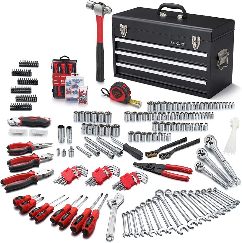 Photo 1 of ARUCMIN 438-Piece Mechanics Tool Set with 3-Drawer Heavy Duty Metal Box Repair Tool Kit
