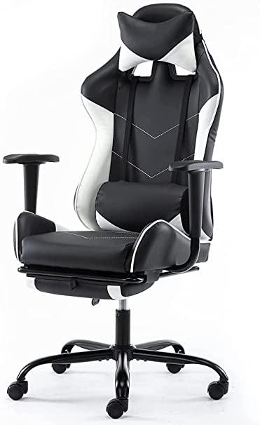 Photo 1 of Office Gaming Chair, PU Leather Computer Chair, Comfortable Swivel Task Home Office Desk Chair High Back with Adjustable Footrest, Black/White
