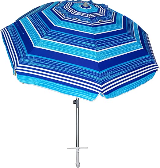 Photo 1 of AMMSUN 7ft Beach Umbrella with Sand Anchor Portable Outdoor Patio Sun Shelter UV 50+ Protection & Tilt Aluminum Pole with Carry Bag for Beach Patio Garden Outdoor Multicolor Blue
