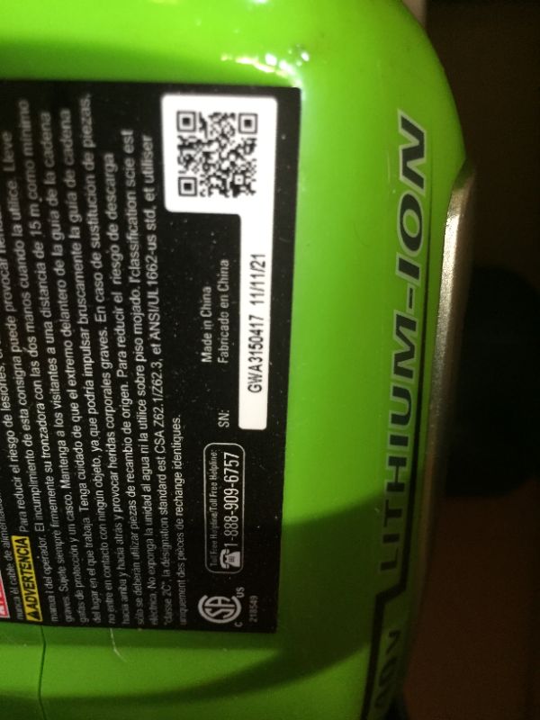 Photo 3 of ***NO BATTERY***GreenWorks 20292 G-MAX 40V 12-Inch Cordless Chainsaw