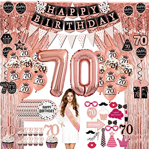 Photo 1 of 70th birthday decorations for women - (76pack) rose gold party Banner, Pennant, Hanging Swirl, birthday Balloons, Foil Backdrops, cupcake Topper, plates, Photo Props, Birthday Sash for gifts women

