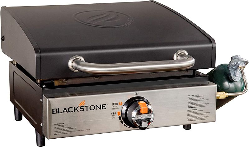 Photo 1 of Blackstone 1814 Stainless Steel Propane Gas Portable, Flat Top Griddle Frill Station for Kitchen, Camping, Outdoor, Tailgating, Tabletop, Countertop – Heavy Duty & 12, 000 BTUs, 17 Inch, Black
