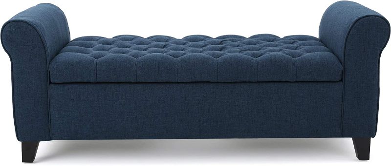 Photo 1 of Armed Storage Bench, Dark Blue, Dimensions: 19.75”D x 50.00”W x 20.5”H