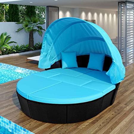 Photo 1 of **FOR PARTS ONLY!*** ATY Outdoor Rattan Round Daybed Sunbed with Retractable Canopy, All-Weather Wicker Furniture Sectional Sofa Set w/Washable Cushions for Backyard,Porch, Blue **INCOMPLETE SET! BOX 3 OF 4 ONLY!!***