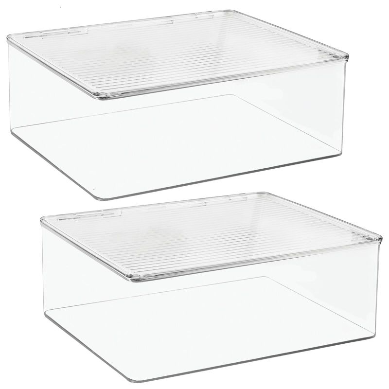 Photo 1 of mDesign Plastic Bathroom Storage Organizer Box with Hinge Lid for Closet, Shelf, Cupboard, or Vanity, Hold Medicine, Soap, Lotion, Cotton Swabs, Masks, Hair Styling Tools - 2 Pack - Clear