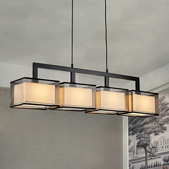 Photo 1 of 7PMBEANE Modern Rectangular Chandelier Hanging Light Fixture 4 Lights with Fabric Lampshade Adjustable for Dining Living Room Restaurant Black
