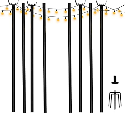 Photo 1 of APEX LIFE String Light Poles for Outdoor Deck or Patio | 2 Pack 9FT | Black Powdered Steel Pole for Lights 5-Prong + Flat Base Options | Great for Wedding Garden Cafe Party Backyard
