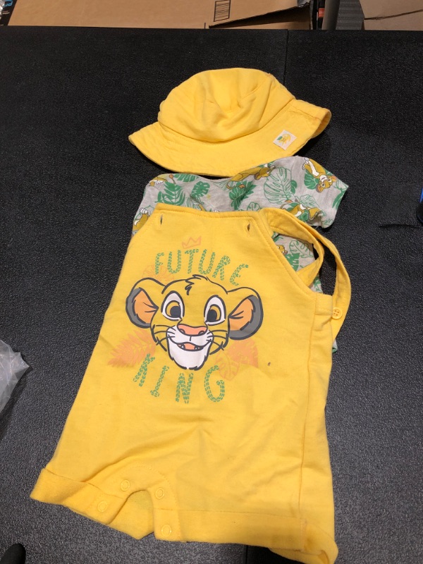 Photo 2 of Disney Lion King Simba Pumba Timon Baby Boys 3 Piece Set: Short Overalls T-Shirt Hat 3-6M
