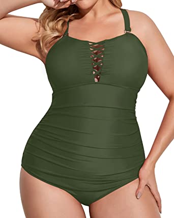 Photo 1 of 16W Yonique Women Plus Size One Piece Swimsuits Deep V Neck Tummy Control Bathing Suits Lace Up Swimwear
