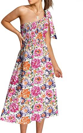 Photo 1 of ANRABESS Women's Summer Casual Smocked Sundress One Shoulder Sleeveless Knot Flowy Bohemian Beach Midi Dresses 
