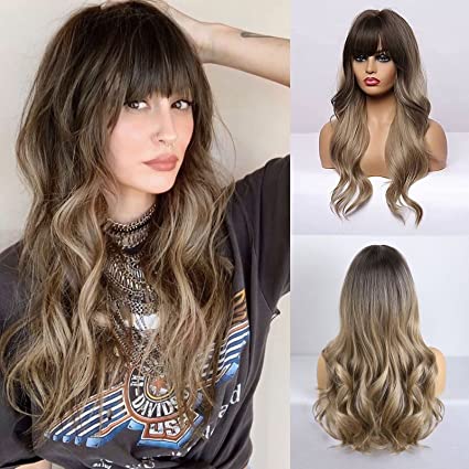 Photo 1 of BOGSEA Long Wavy Wigs with Bangs Ombre Dark Blonde Wigs for Women Ombre Dark Blonde Wig with Brown Root Heat Resistant Synthetic Wigs for Daily Wear Party Cosplay (24 Inches, Ombre Dark Ash Blonde )
