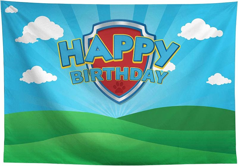 Photo 1 of Allenjoy 8x6ft Blue Sky Puppy Dog Backdrop Boys Girls Happy 1st First Birthday Party Background for Photography Cartoon Pet Dog Party Banner Cake Table Decorations Photo Booth Props
