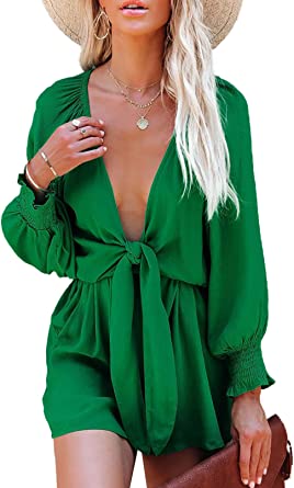 Photo 1 of AlvaQ Long Sleeve Rompers for Women Dressy Tie Knot Front V Neck Short Jumpsuit unknown size, looks large/xl