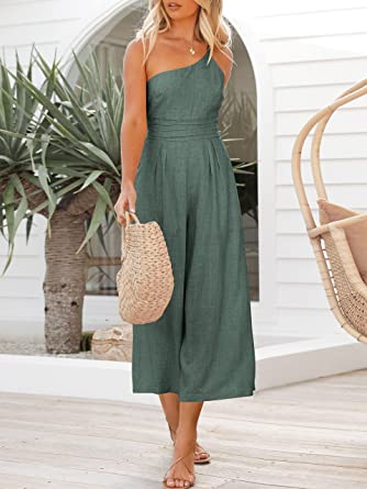 Photo 1 of ANRABESS Women's Summer Straps One Shoulder Pleated High Waist Casual Wide Leg Jumpsuit Romper with Pockets size small 