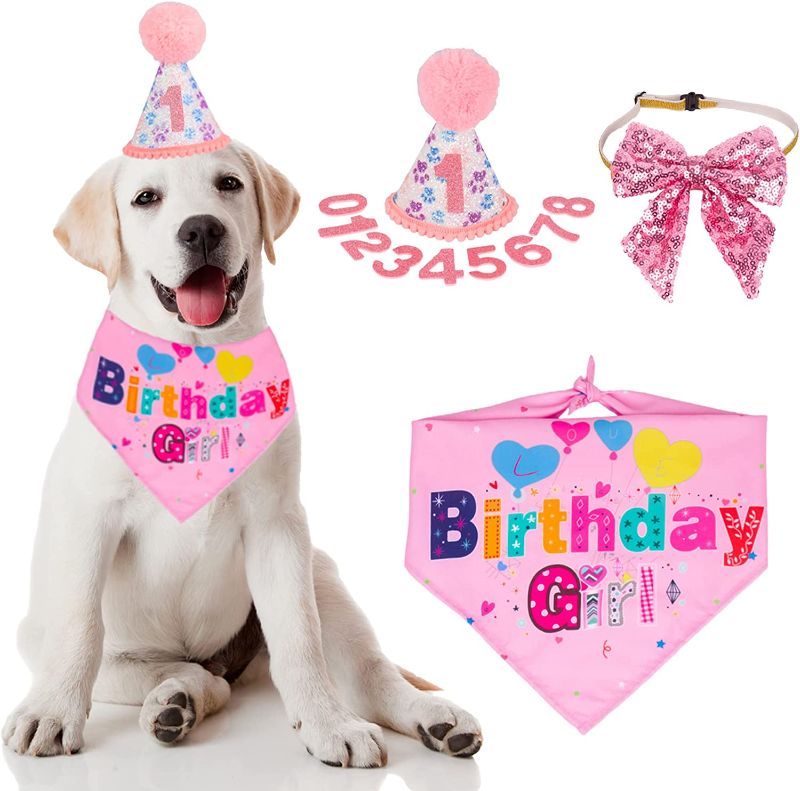 Photo 1 of ADOGGYGO Dog Birthday Party Supplies, Boy Girl Dog Birthday Hat with Numbers Dog Puppy Birthday Bandana Hat Bow Set
