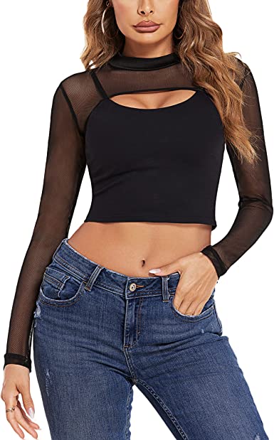 Photo 1 of Avidlove Mesh Crop Tops for Women Mock Neck Long Sleeve Crop Top See Through Shirt Top Sexy Clubwear
