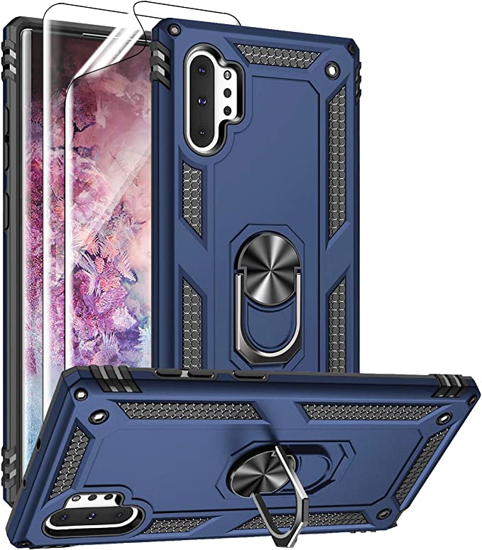 Photo 1 of Androgate for Samsung Galaxy Note 10 Plus Case, Note10+ Case with HD Screen Protectors, Military-Grade Metal Ring Holder Stand Drop Tested Shockproof Cover Case for Samsung Note 10+/ 5G Blue
