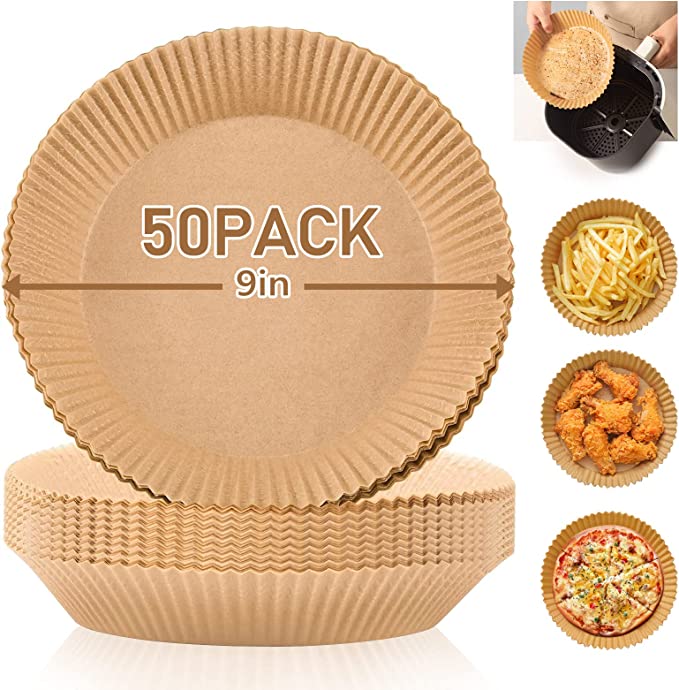 Photo 1 of Air Fryer Liners, Air Fryer Disposable Paper Liner, 50Pcs Airfryer Parchment Paper, 9 inch Non-Stick Parchment Paper for Air Fryer, Air Fryer Paper Liners 9in Round Paper Plates for Baking Cooking BBQ
