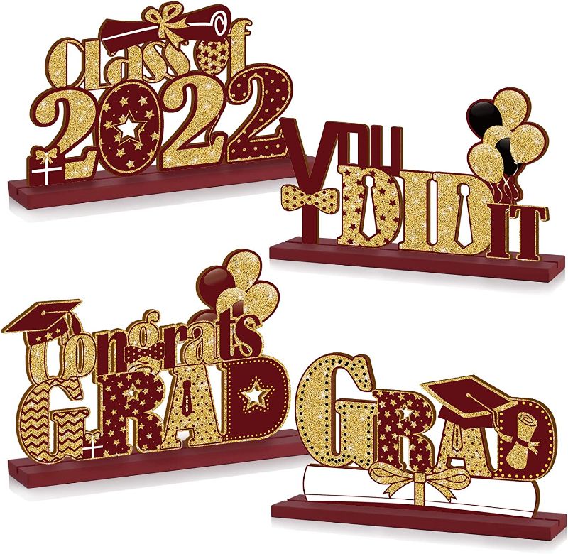 Photo 1 of 4 Pieces 2022 Graduation Party Decorations Wooden Class of Grad Congratulate Graduation Table Toppers for High School College Graduation Party Favor Supplies Photo Booth Props(Maroon)
