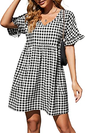 Photo 1 of Amoretu Womens Short Sleeve Dress V Neck Loose Summer Plaid Dress with Pockets MEDIUM 
