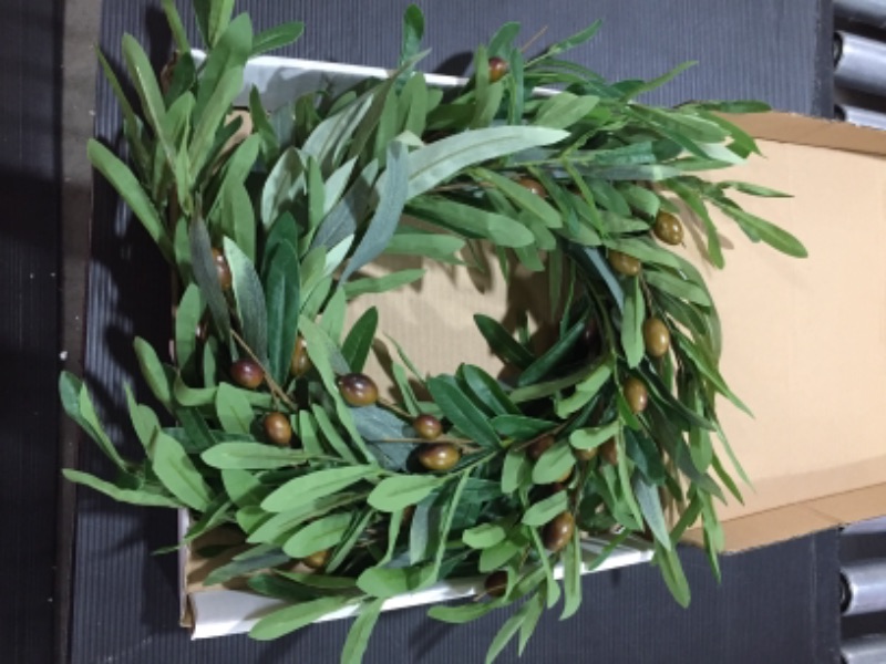 Photo 2 of AMF0RESJ 20 inches Artificial Green Olive Wreath Greenery Wreath with Olive Leaves,Olive Bean for Front Door Indoor Outdoor Farmhouse Home Wall Window Festival Wedding Decor, White Gift Box Included
