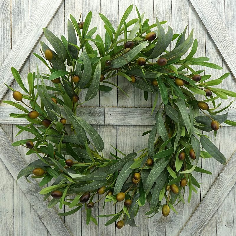 Photo 1 of AMF0RESJ 20 inches Artificial Green Olive Wreath Greenery Wreath with Olive Leaves,Olive Bean for Front Door Indoor Outdoor Farmhouse Home Wall Window Festival Wedding Decor, White Gift Box Included
