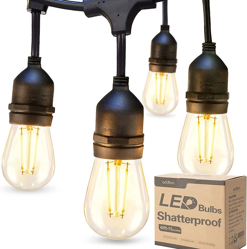 Photo 1 of addlon LED Outdoor String Lights 48FT with 2W Dimmable Edison Vintage Shatterproof Bulbs and Commercial Grade Weatherproof Strand - ETL Listed Heavy-Duty Decorative Cafe, Patio, Market Light
