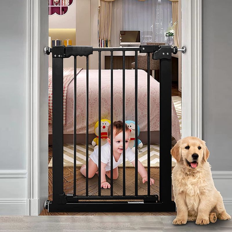 Photo 1 of COSEND Narrow Walk Through Baby Gate 24.02-29.13 Inch Wide Auto Close Tension Black Metal Child Pet Indoor Safety Gates Pressure Mounted for Stairs& Doorways (24.02"-29.13"/61-74CM, Black)
