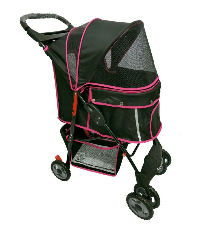 Photo 1 of Amoroso Foldable Pet Stroller with Metal Frame - Strollers for Pet with Lockable Wheels - Pet Carriage with Four Wheels - Jogging Strollers with Umbrella - with Waterproof Fabric Lining(Black/Pink)
