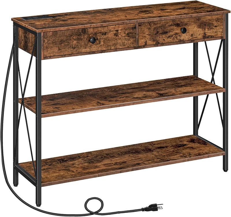 Photo 4 of ALLOSWELL Console Table with Outlets and USB Ports, 39.4" Industrial Sofa Table with 2 Drawers, Entryway Table Narrow Long with Storage Shelves, Sofa Couch Table for Living Room, Rustic Brown CTHR0201
