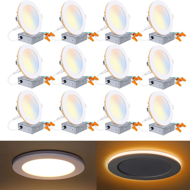 Photo 1 of 12 Pack 6 Inch LED Recessed Ceiling Light with Night Light, CRI90, 14W=100W, 1200lm, 2700K/3000K/3500K/4000K/5000K Selectable, Dimmable Recessed Lighting, Can-Killer Downlight, J-Box Included
