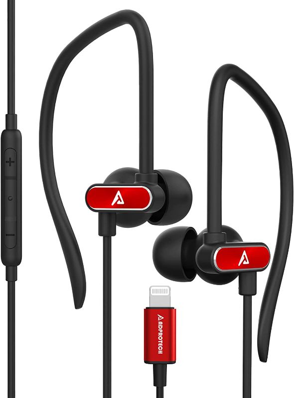 Photo 1 of Lightning Headphones ADPROTECH iPhone Earbuds with Ear-Hook Sports Earphones for iPhone 14 13 12 11 Pro Max iPhone X XS Max XR MFi Certified with Mic Red
