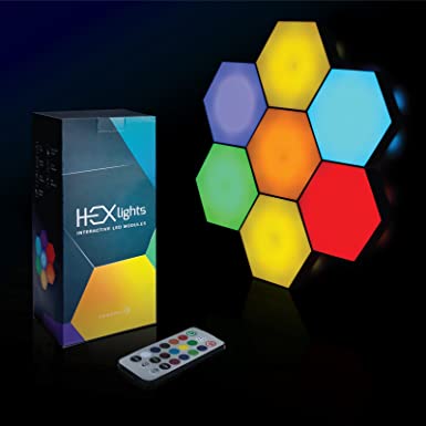 Photo 1 of HEXlights 7-Pack Hexagon Wall Lights, Touch & Remote Controlled RGB Wall Panels, Hexagon LED Lights Panels - Great for Living Room, Bedroom & Game Room Decor - Includes Stand for Tabletop
