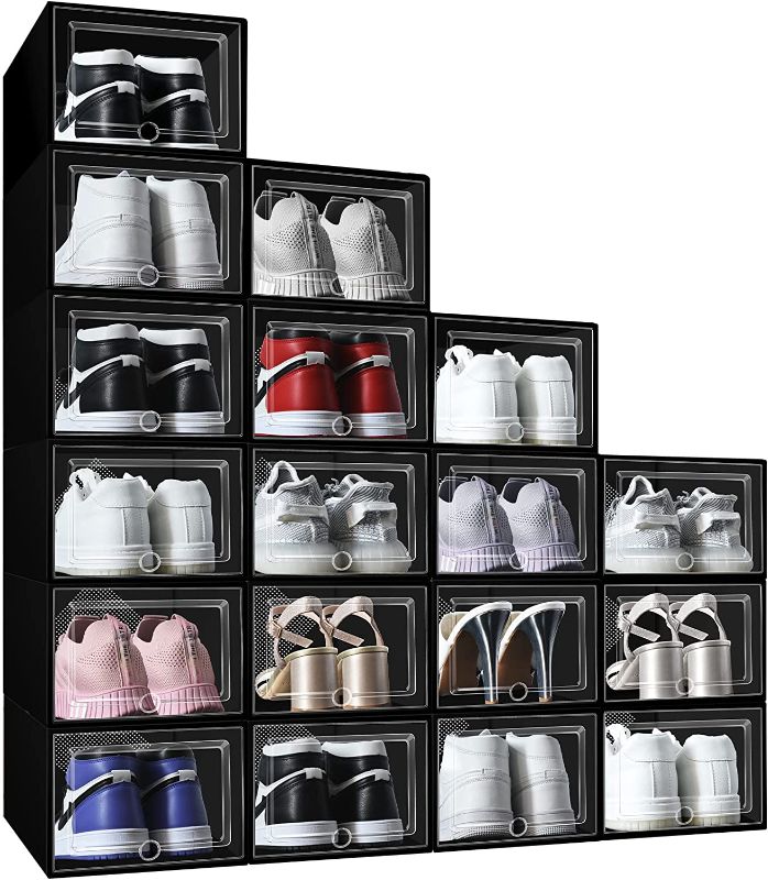 Photo 1 of 18 Pack X-Large Shoe Boxes - Mupera Stackable Clear Plastic Shoe Storage Boxes(2022 Upgrade Vision), Black Shoe Containers Bins, Shoes Foldable Sneaker Storage Organizer, Fit for Size 11 https://a.co/d/cOoFXtr