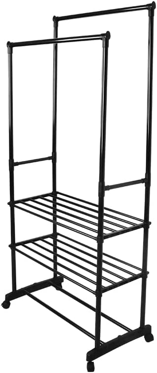 Photo 1 of ZOES HOMEWARE Double Rod Clothes Garment Rack on Wheels?Metal Heavy Duty Clothing Rack with 3 Shelves for Hanging Clothes and Organizing Shoes,Black Clothing Rolling Rack
