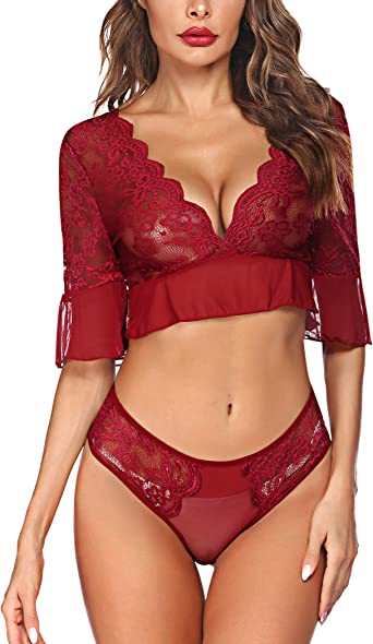 Photo 1 of Avidlove Women Sexy Lingerie Set Lace 2 Piece Teddy Babydoll Ruffle Trim Bodysuit Wine Red Large
