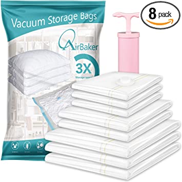 Photo 1 of AirBaker Vacuum Storage Bags, Space Saver Bags 8 pcs (3 x Jumbo, 2 x Large, 3 x Medium) for Comforters Blankets Clothes Pillows Travel Vacuum Storage Seal Bags Hand Pump Included
