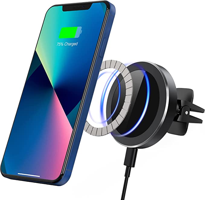 Photo 1 of ETEPEHI Magnetic Wireless Car Charger, 15W Car Phone Mount Auto-Clamping Air Vent Holder, Fast Charging Stand for iPhone 13/13 Pro/12/12 Pro/Pro Max/12 Mini/X/XR/11/11 Pro Max/11 Pro/8 (with Sticker)
