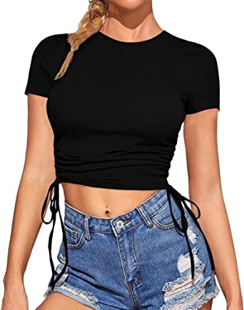 Photo 1 of ALGALAROUND Women Drawstring Crew Neck Long Sleeve T-Shirt Short Sleeve Crop Tank Top SMALL
