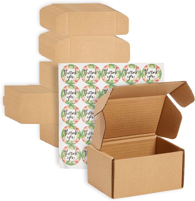 Photo 1 of 25 Pack Corrugated Shipping Boxes 6x4x3 inch with Thank You Stickers, Kraft Cardboard Packaging Mailer
